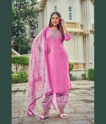 TRAHIMAM Cotton Blend Embellished Kurti With Pants Women's Stitched Salwar Suit - Pink ( Pack of 1 )