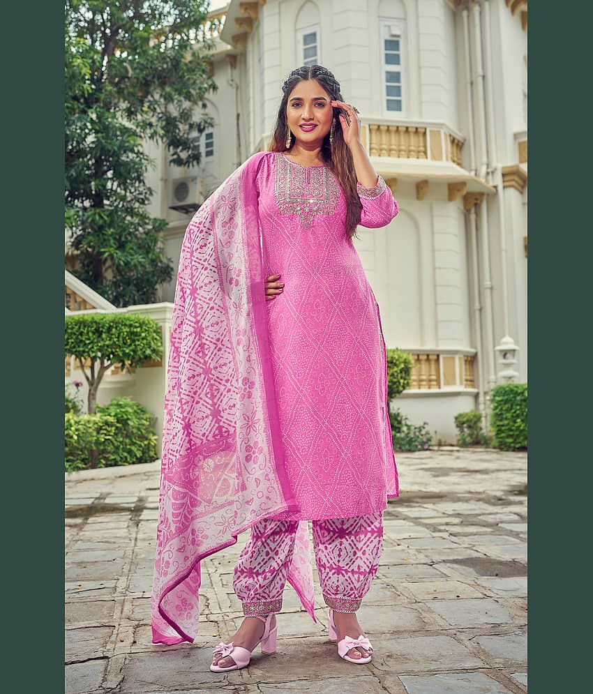 TRAHIMAM Cotton Blend Embellished Kurti With Pants Women's Stitched Salwar Suit - Pink ( Pack of 1 )