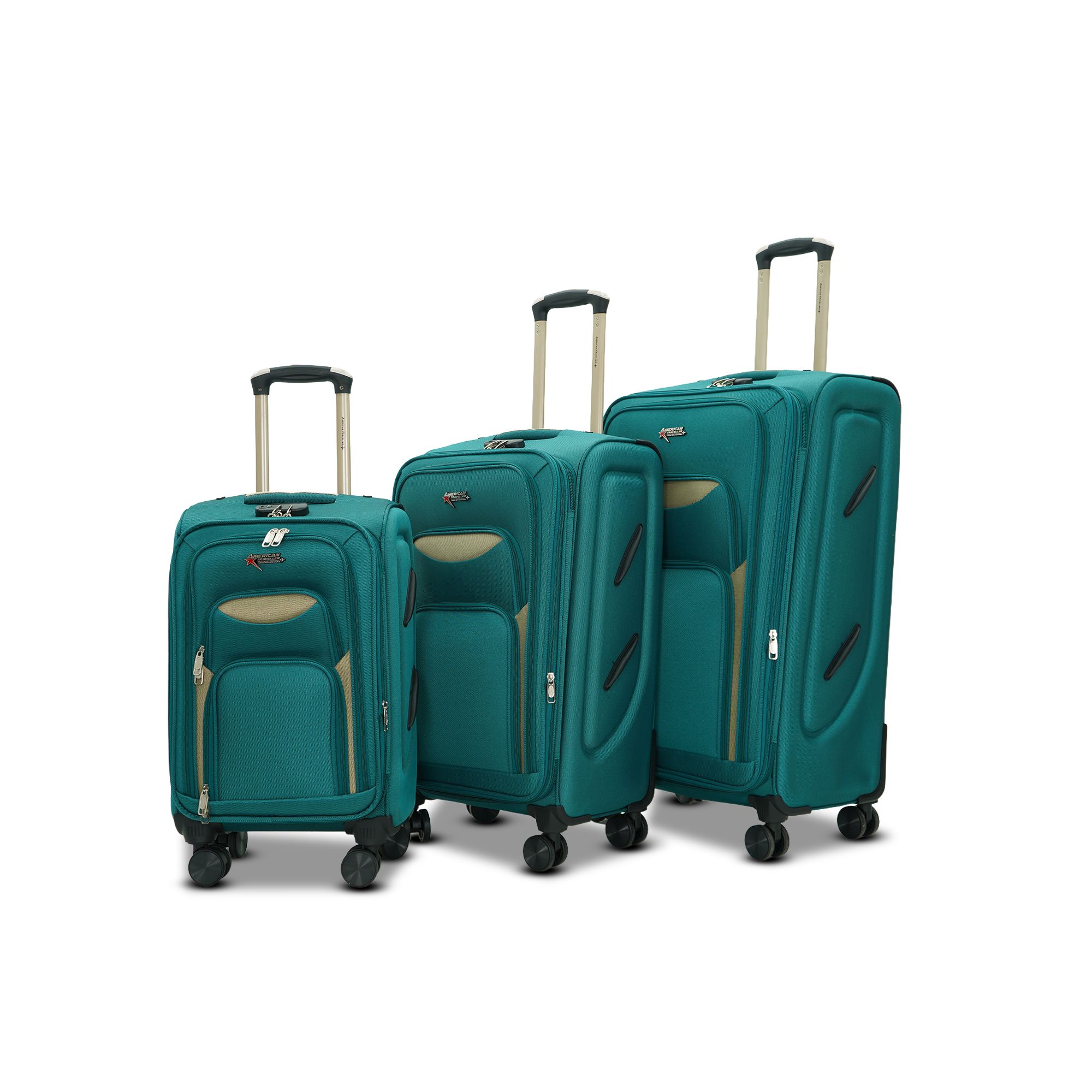 AMERICAN TRAVELLER Tourissem Bossed Trolley Bags Set of 3  Cabin, Medium, Large | Travel Suitcase Luggage | 18% Expandable | 360 Dual Disc Spinner Wheels | Lock & Telescopic Handle (3, T Green)