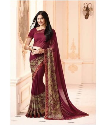 Gazal Fashions Cotton Blend Printed Saree With Unstitched Blouse Piece ( Maroon )