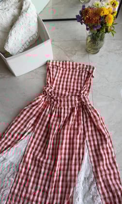 Corsica chequered tube lace dress-Red / XS