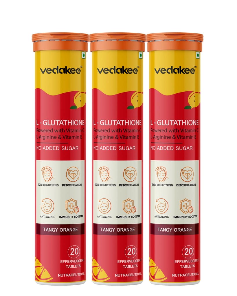 Vedakee L-Glutathione Effervescent Tablets (Orange, Tablets) | Vitamin C & E for Skin Glow, Hydration, Detox, and Antioxidant Support | Glutathione 600mg with Hyaluronic Acid & Biotin