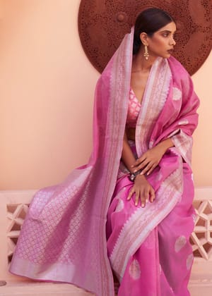 Rose Pink Woven Banarasi Linen Silk Saree