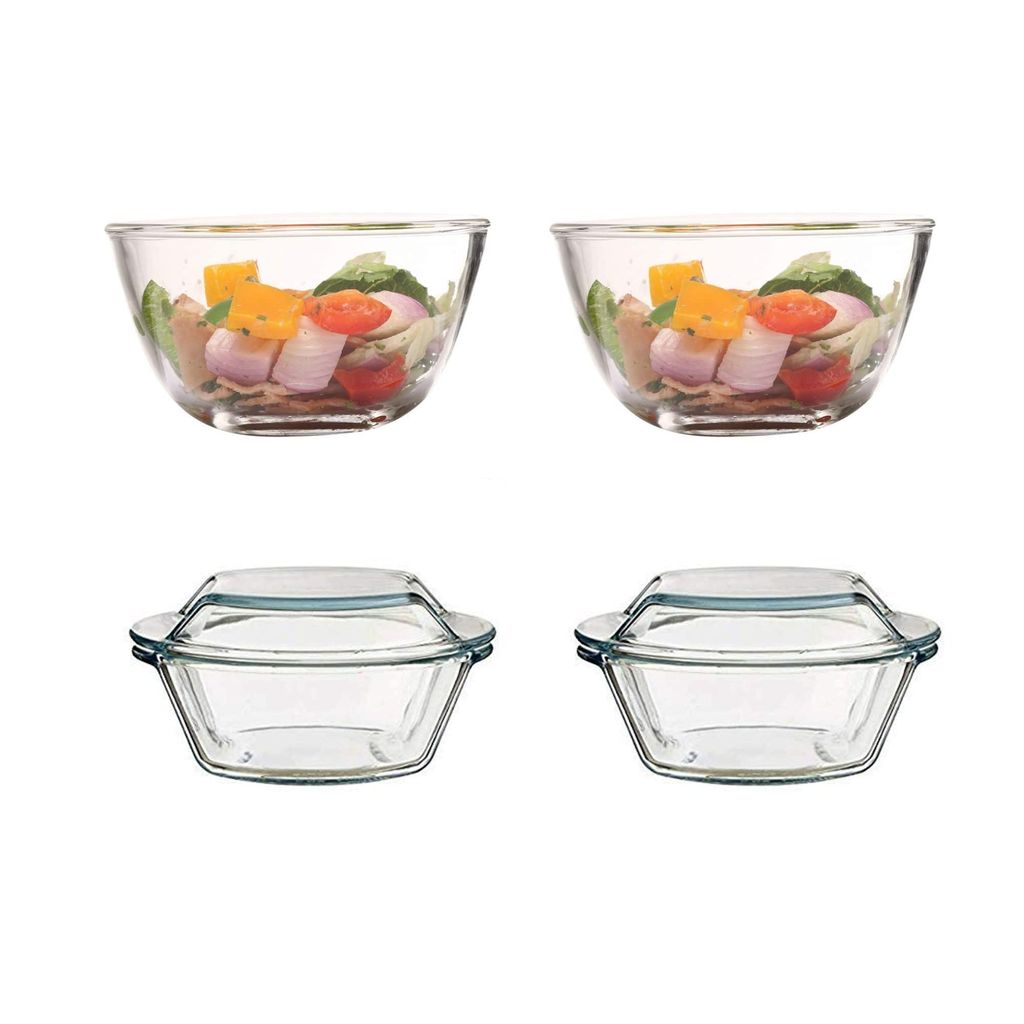 Femora Borosilicate Glass Microwave Safe Mixing Bowl (1050 ML) and Casserole (1000 ML) Serving Set of 4