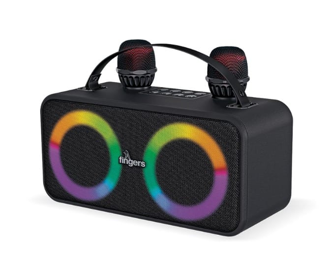 FINGERS 2Mic-Karaoke Portable Speaker with 2 Wireless Mics (RGB Lights, 6-Hour Playback, 24 W Intense Bass, Bluetooth | USB | MicroSD | FM Radio)  Rich Black