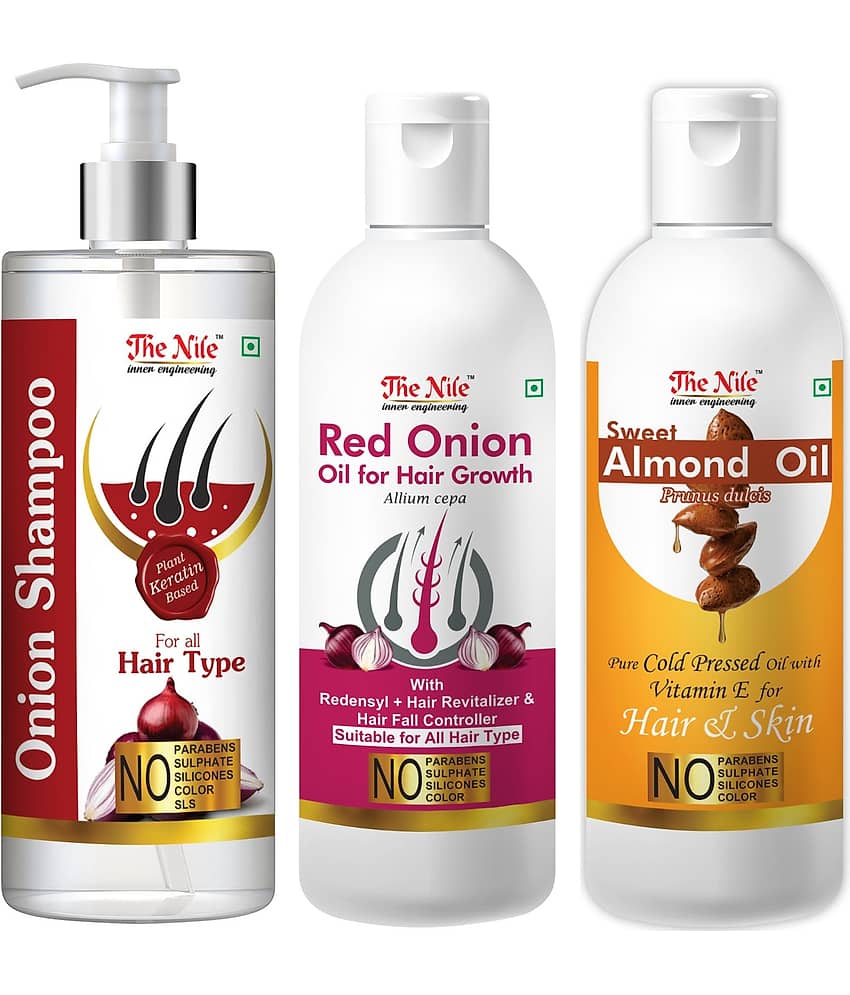 The Nile Red Onion Shampoo 200 ML + Red Onion Oil 100 ML + Sweet Almond 100 ML  Shampoo 400 mL Pack of 3