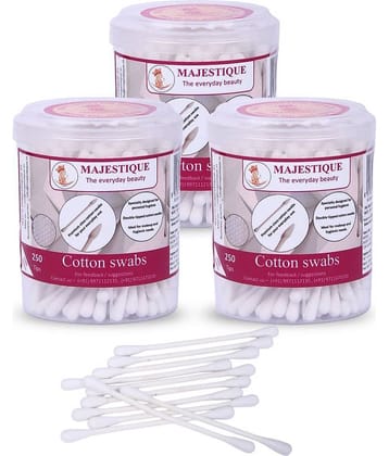 Majestique Cotton Swabs Sticks, Round Box, Gentle on Face, Ear Cleaning Pack of 3 - Color May Vary