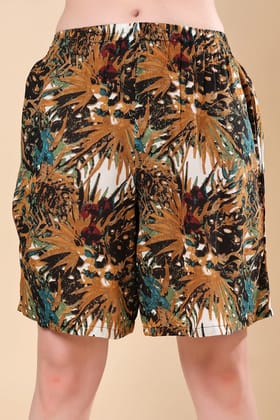Yellow Multicolored Leaves Printed Shorts-L / Yellow