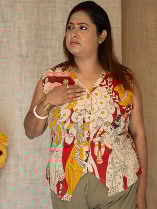 Kalamkari Sleeveless Jacket Top-L