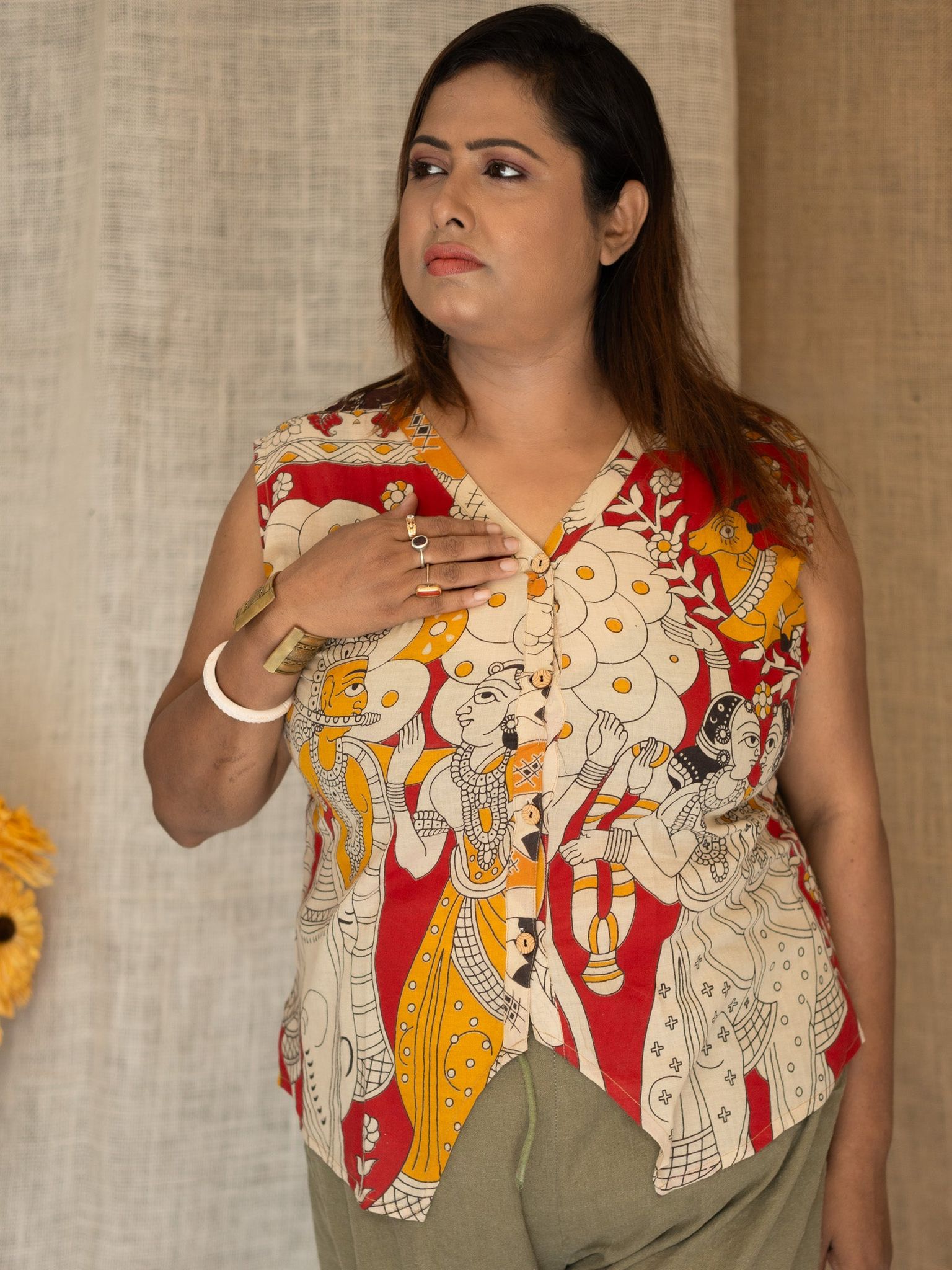 Kalamkari Sleeveless Jacket Top-L