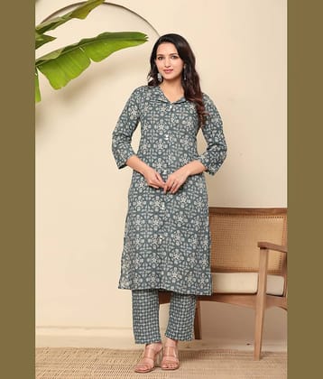 Flamboyant Cotton Printed Kurti With Pants Women's Stitched Salwar Suit - Grey ( Pack of 1 )