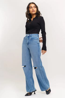 Blue Faded Distressed Wide Jeans 26