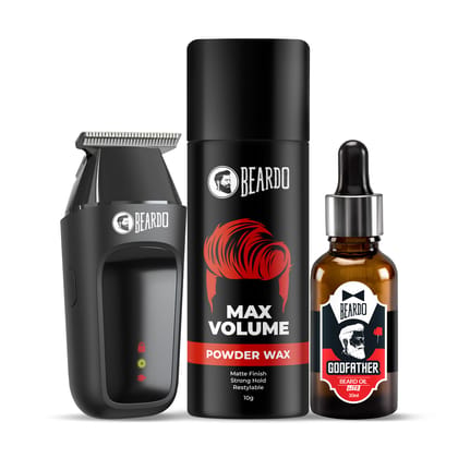 Beardo Alpha Edge Combo for Men | Ape-X Go Trimmer (5500 RPM, 80 Min Run Time, Travel Friendly), Godfather Lite Beard Oil (30ml), Max Volume Powder Wax (10g) | Complete Beard & Hair Grooming Kit | Gift for Men Beardo Alpha Edge Combo for Men | Ape-X Go T