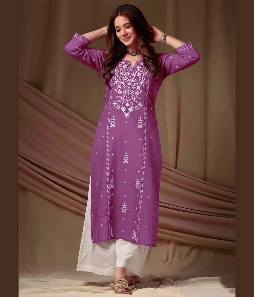 anushansa Women Viscose Rayon Embroidered Straight Kurti ( Purple )