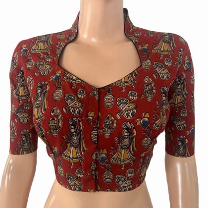Kalamkari Cotton High Neck Blouse ,Maroon, BK1312-S