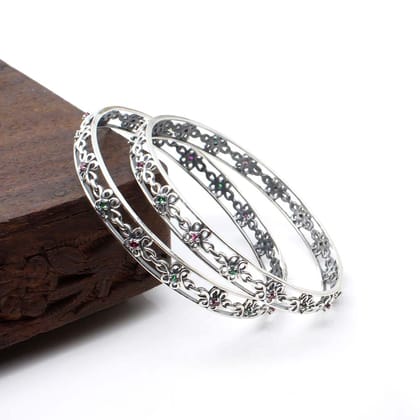 Real Sterling Silver Green Pink CZ Women Oxidized Bangles Pair-6 CM (2.36 Inch) 2.6