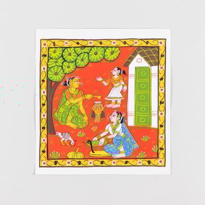 Cheriyal Painting Women Cooking in Village Home  11.5x11.5-Red / Canvas / 11.5 x 11.5