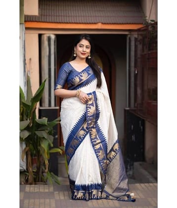 JULEE Banarasi Silk Embellished Saree With Unstitched Blouse Piece ( White )