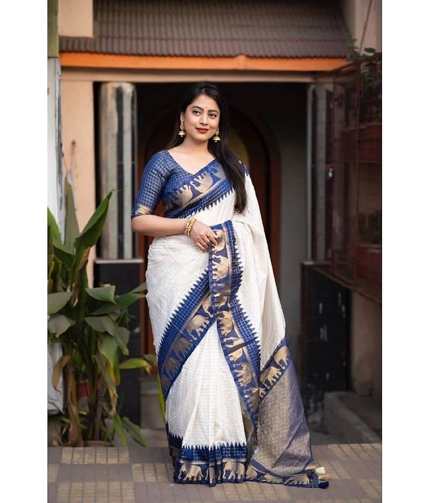 JULEE Banarasi Silk Embellished Saree With Unstitched Blouse Piece ( White )