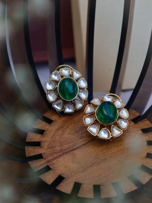 Eve Green Kundan Stud Earrings-Green