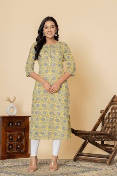 Women Printed Pure Cotton Straight Kurta  (Yellow)