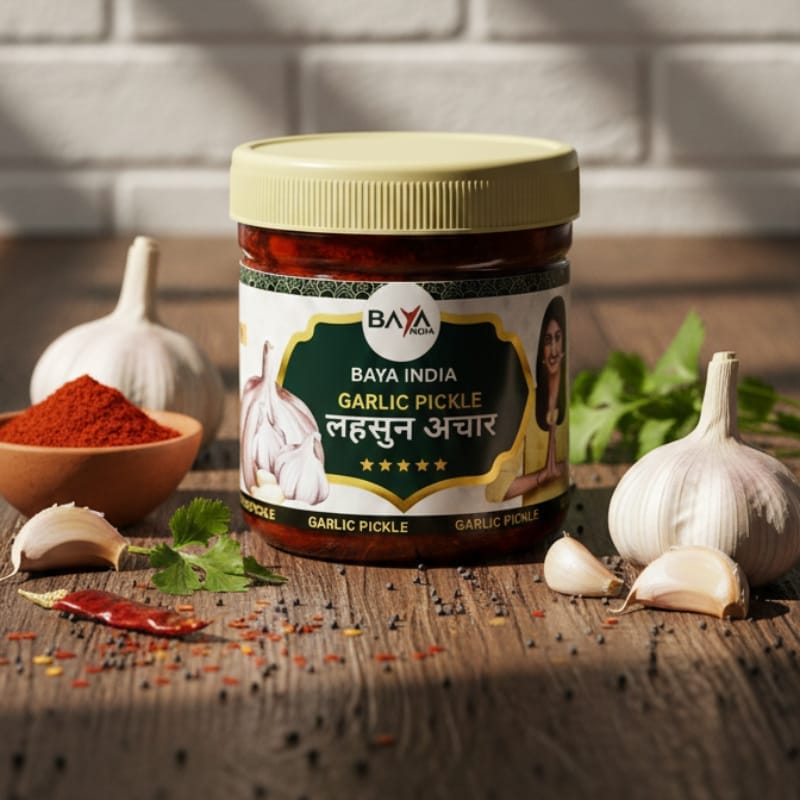 Baya India Garlic Pickle 350g | Homemade Lehsun ka Achar | Traditional Indian Sour & Tangy Pickle | No Preservatives | Made with Mustard Oil & Natural Spices