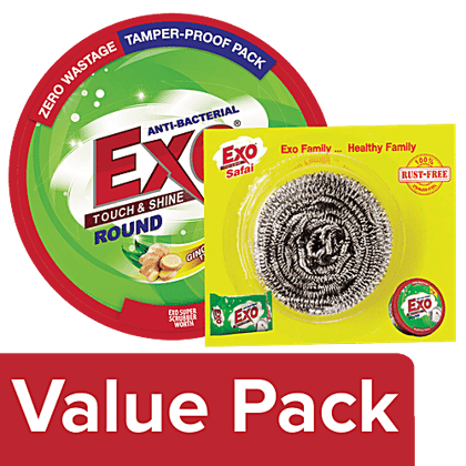 Exo Dishwash Bar - Anti-Bacterial, Round 700 gm + Safal Steel Scrubber 1 pc, Combo 2 Items