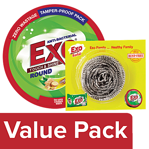 Exo Dishwash Bar - Anti-Bacterial, Round 700 gm + Safal Steel Scrubber 1 pc, Combo 2 Items