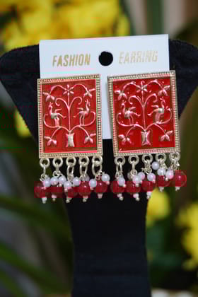 Red colour rectangle shape meenakari stud-One Size