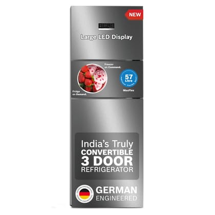 Bosch 303L, 3 Star, MaxFlex Convert Frost Free Triple Door Refrigerator | 8-in-1 Convertible Storage Modes | 57L Extra Convertible Zone | Cool Extend up to 18 hours (CMC33K03NI, Smokey Steel) Bosch 303L, 3 Star, MaxFlex Convert Frost Free Triple Door Ref