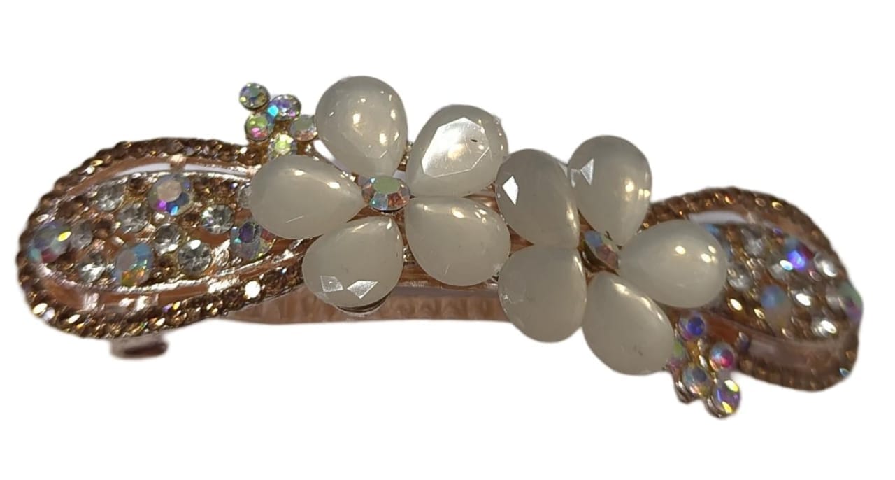 White Flower Hair Claw Clip with Rhinestones