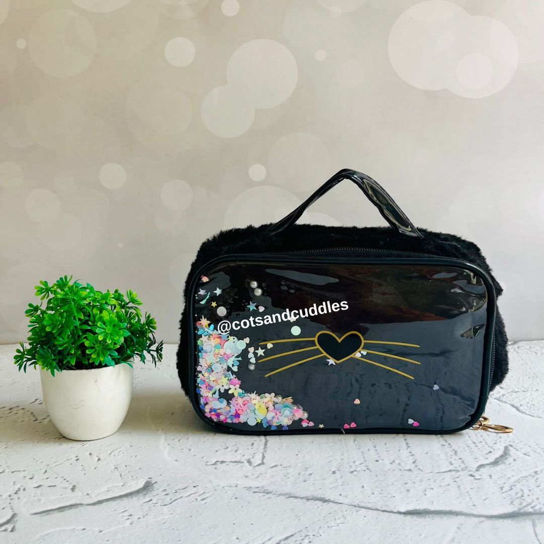 Cat Design Soft Fur Multipurpose Hand Bag-Black
