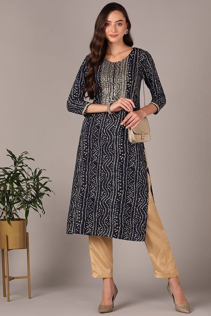 Plus Size Navy Blue Viscose Rayon Bandhani Embroidered Straight Kurta VCK9625 - Kurtas & Kurta Sets | Buy online on ZillyBuy