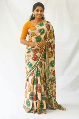 Off White and Orange color Kalamkari Linen Digital Printed Sari 1243