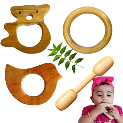 Natural Neem Wood Baby Teething Tiny Toys Set, Natural Ring and Bird Shapes with with Teddy and Dumbble Shape, 4 Pieces Natural Neem Wood Baby Teething Tiny Toys Set, Natural Ring and Bird Shapes with with Teddy and Dumbble Shape, 4 Pieces