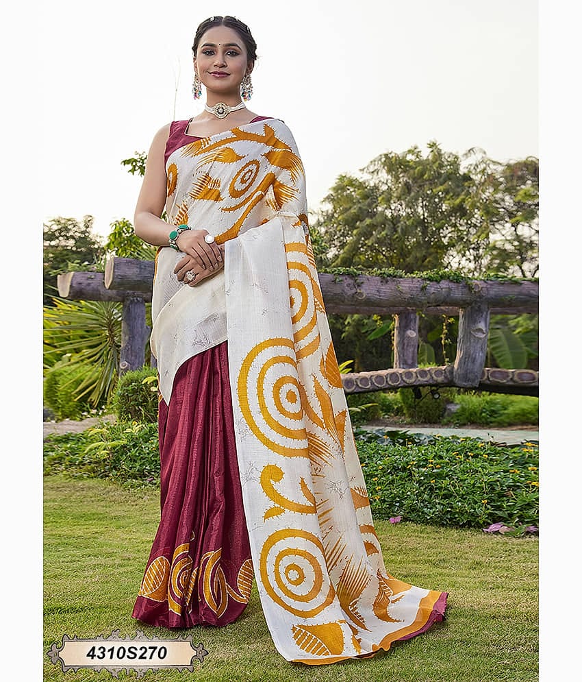 Satrani Cotton Blend Printed Regular Saree With Unstitched Blouse Piece ( Maroon )