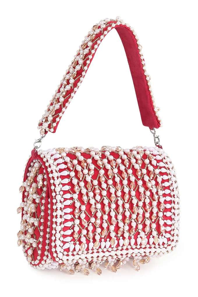 Red Suede Pearl Work Flap Bag