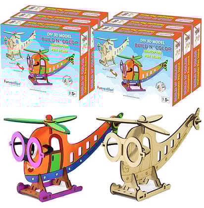Funvention Helicopter - 3D Coloring Model (Pack of 6) - DIY Desk Organizer Pen Stand - STEM Leanring 3D Puzzle Toy -Art, Coloring and Painting Kit for Kids -Birthday Return Gift, Kids Party Pack
