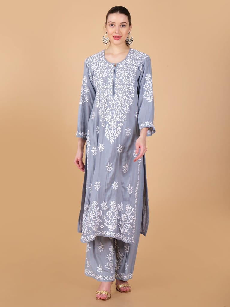 Pure Modal Heavy Bota Pattern hand embroidered Chikankari Kurta Set -Grey