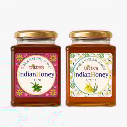 IndianHoney Rajasthan Acacia & Tulsi Honey Combo (Pack of 2) | Pure & Natural | 1kg (500g Each) | Unprocessed & Unfiltered Natural Sweetener