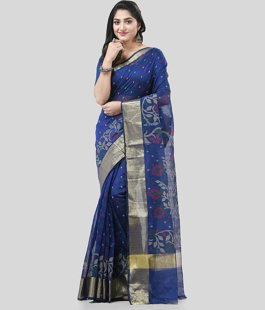 Desh Bidesh Cotton Blend Self Design Saree With Unstitched Blouse Piece ( Blue )