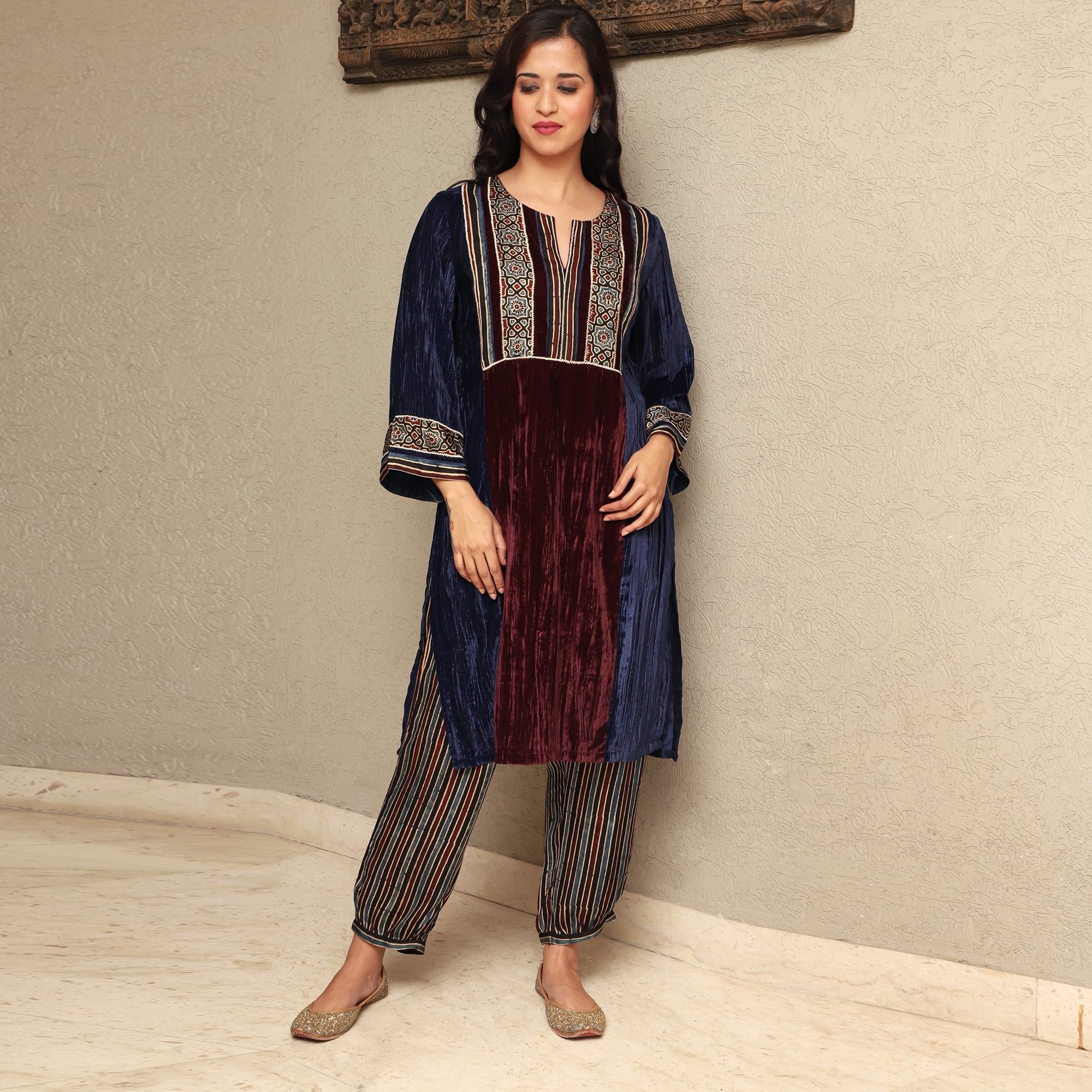 Colour Block Crushed Velvet Kurta Set with Stripe Modal Silk Harem Pants-XS