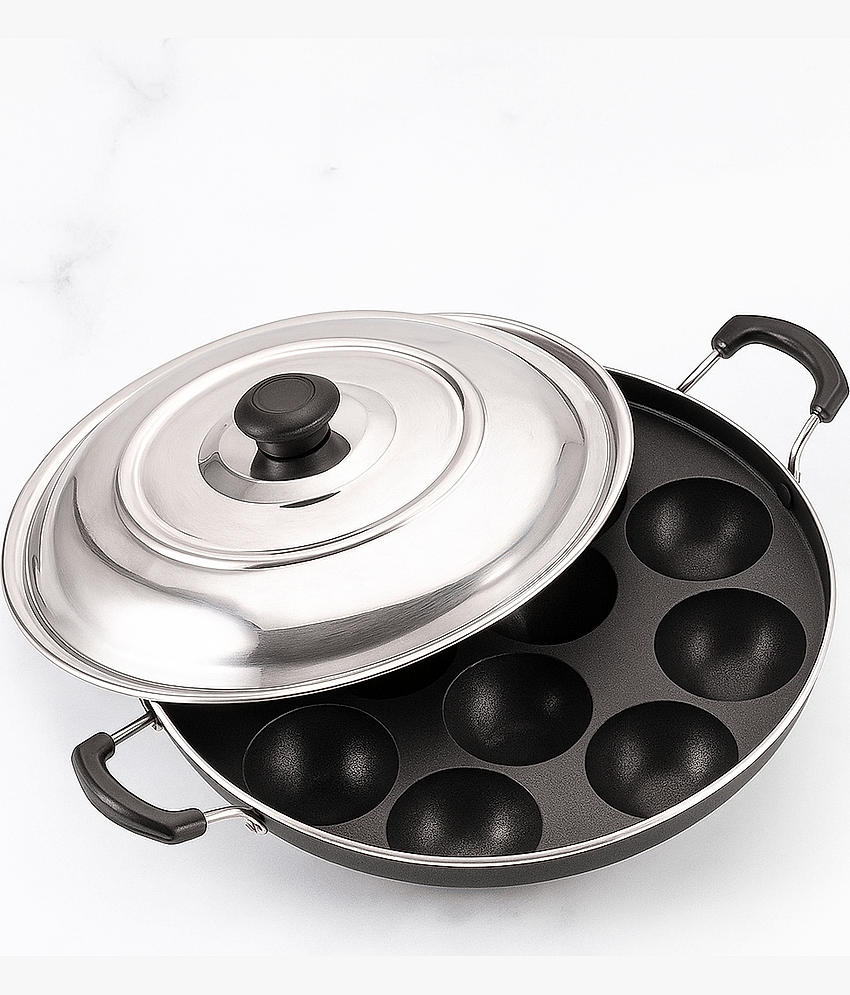 Visaxmi Non-Stick Stainless Steel Appam Patra Induction Bottom with Steel Lid 30 cm Diameter 0.5 Ltr