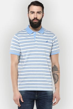 Men's Polo Collar Yarn Dyed Striped T-Shirt - White, Blue Grey Melange-X-Large / Blue White Grey