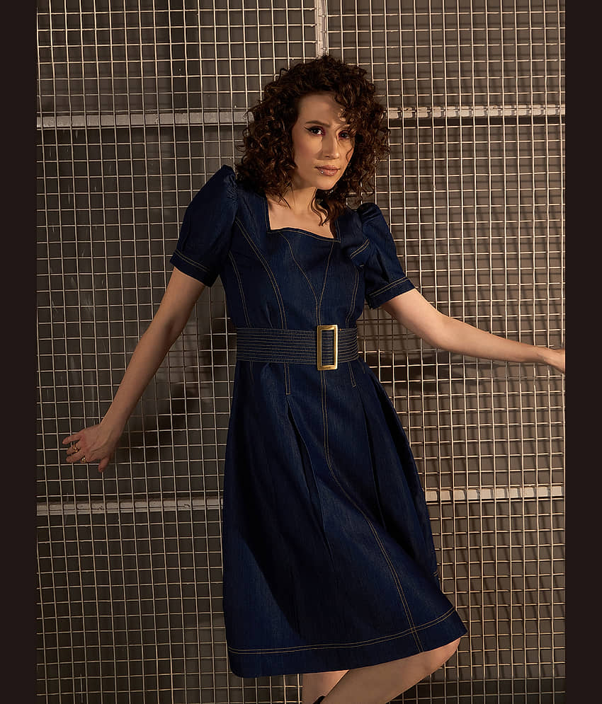 StyleStone Women Denim Solid A-line Dress ( Navy Blue )
