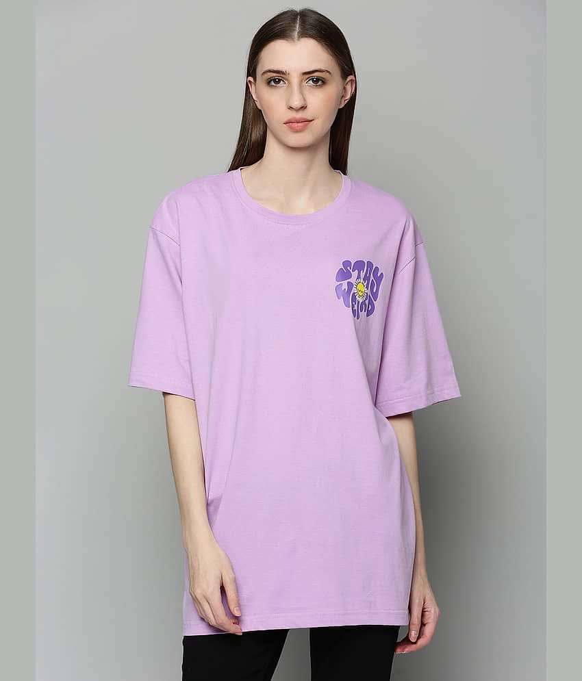 JUNEBERRY Women Cotton Printed Oversized Fit Round Neck T-Shirt ( Purple )