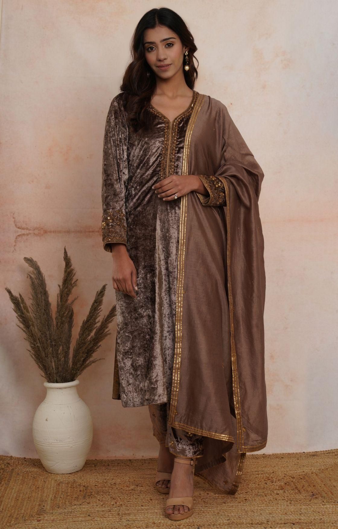Golden Brown Embroidered Velvet Kurta Set of 3-S