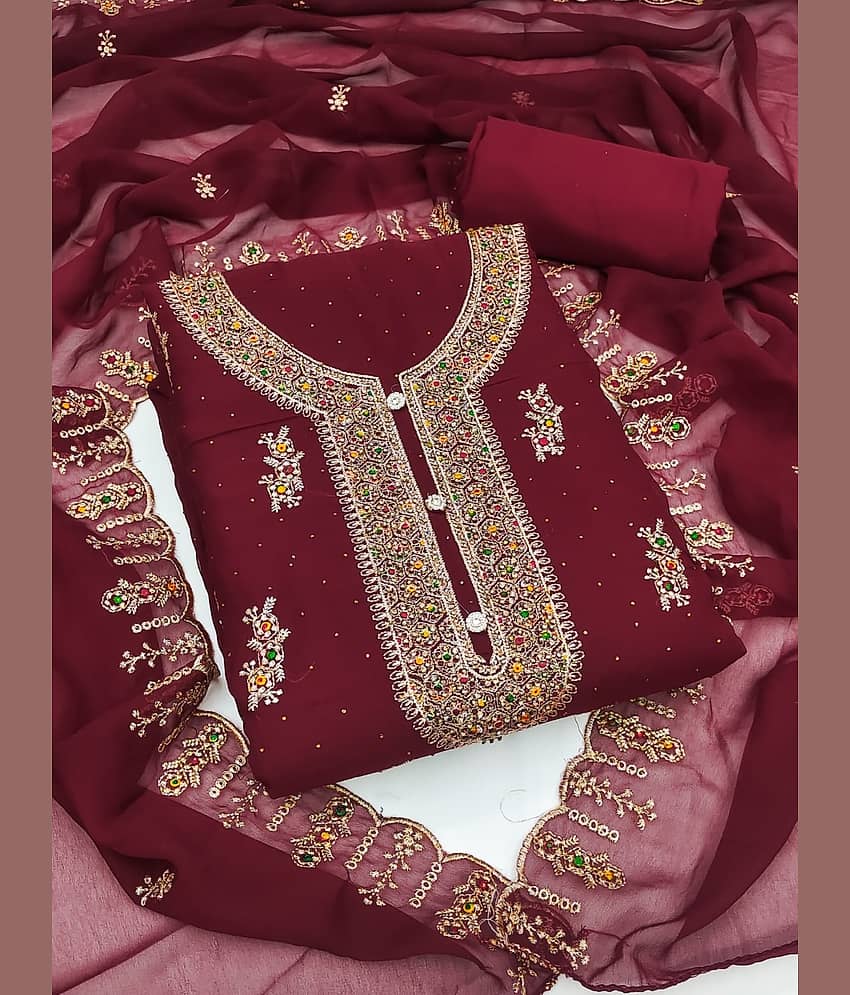 Rangtulika Ethnics Unstitched Georgette Embroidered Dress Material - Maroon ( Pack of 1 )