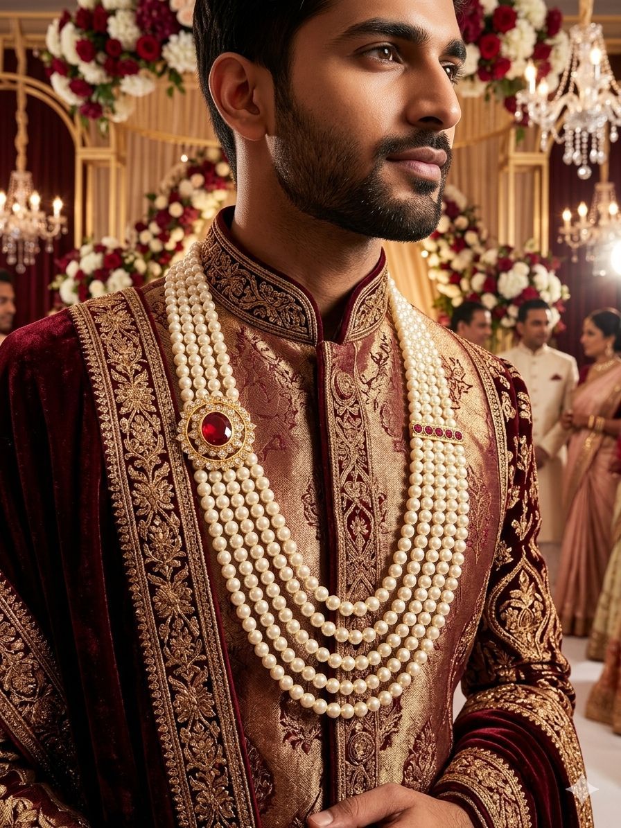 groom and party wear red stone white pearl necklace