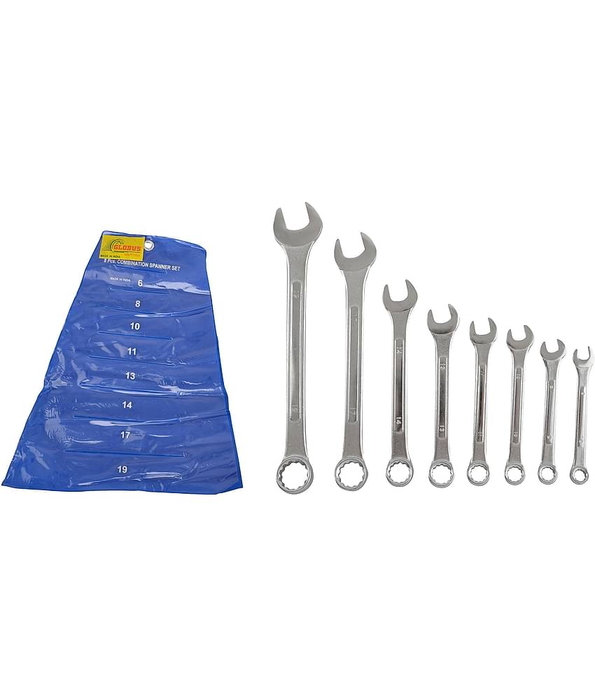 GLOBUS COMBINATION SPANNER SET/8 PCS, RAISED PANEL, MIRROR HEAD POLISH IN BLUE PVC WALLET.